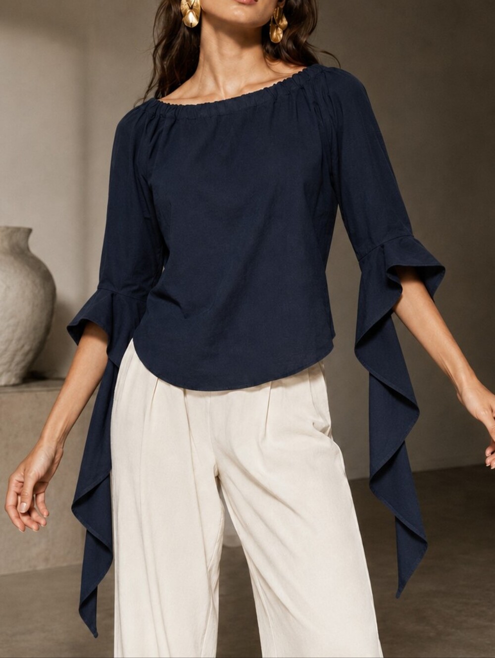 J.O.A. Navy Cascading Ruffle Bell Sleeve Blouse S Avant Garde Statement Blouse